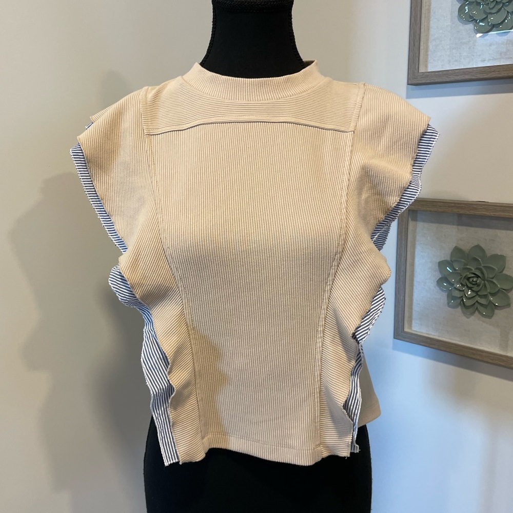 Anthropologie Nautical Ruffle Blouse With Back Buttons EUC